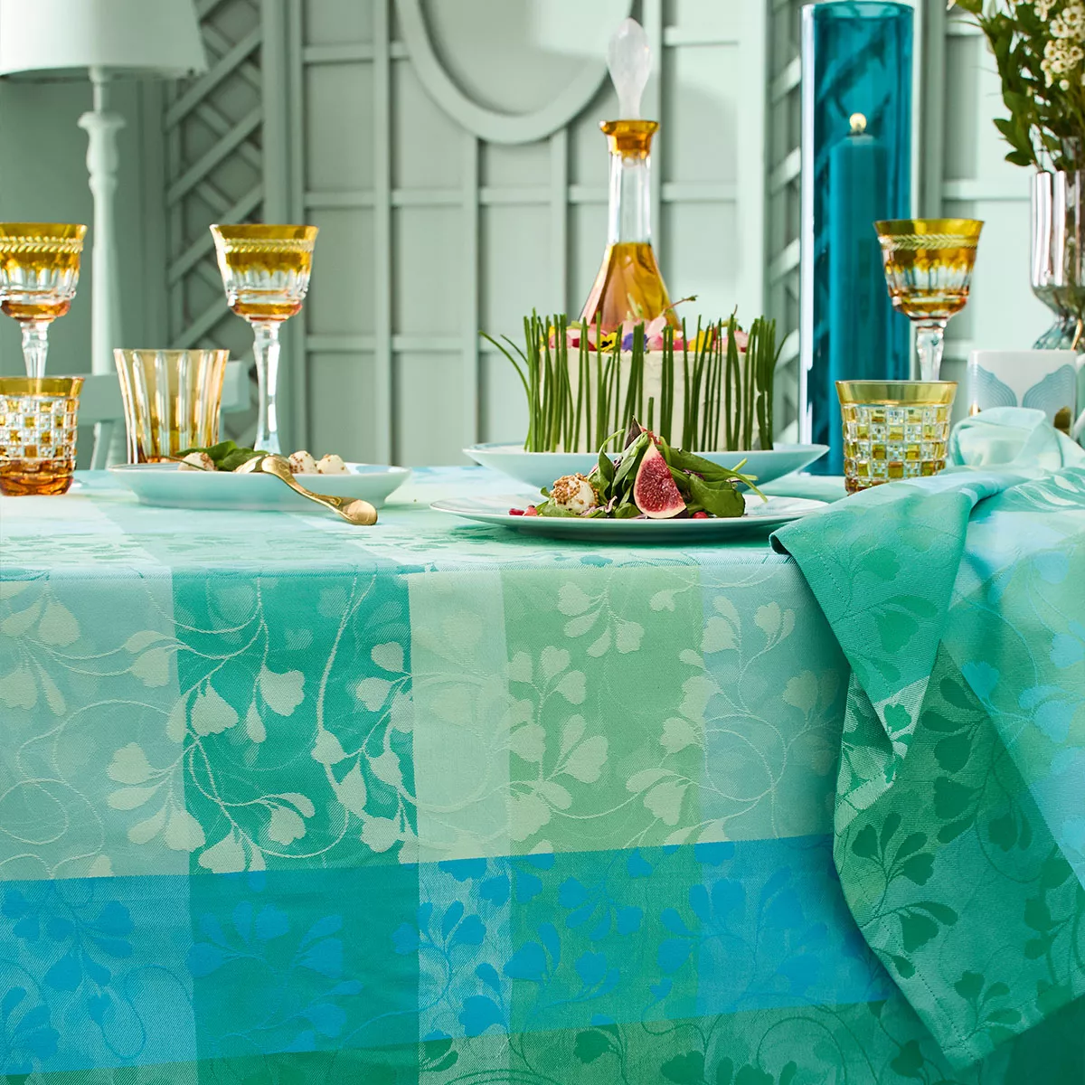 Garnier Thiebaut Nappe Jacquard Pur Coton Bleu Turquoise Mille Feuillages Turquoise