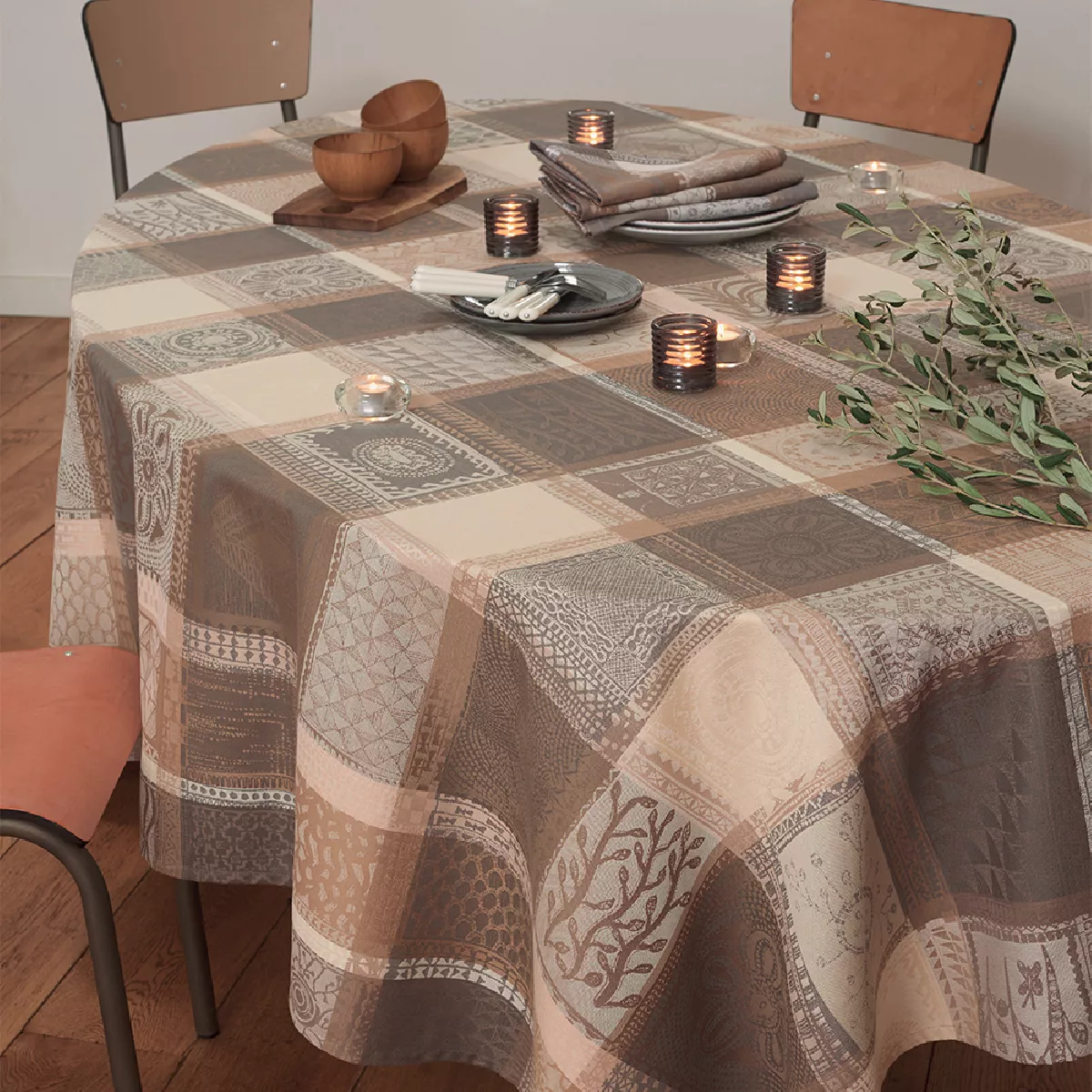 Garnier Thiebaut Nappe Jacquard Pur Coton Gris Argile Mille Wax Argile