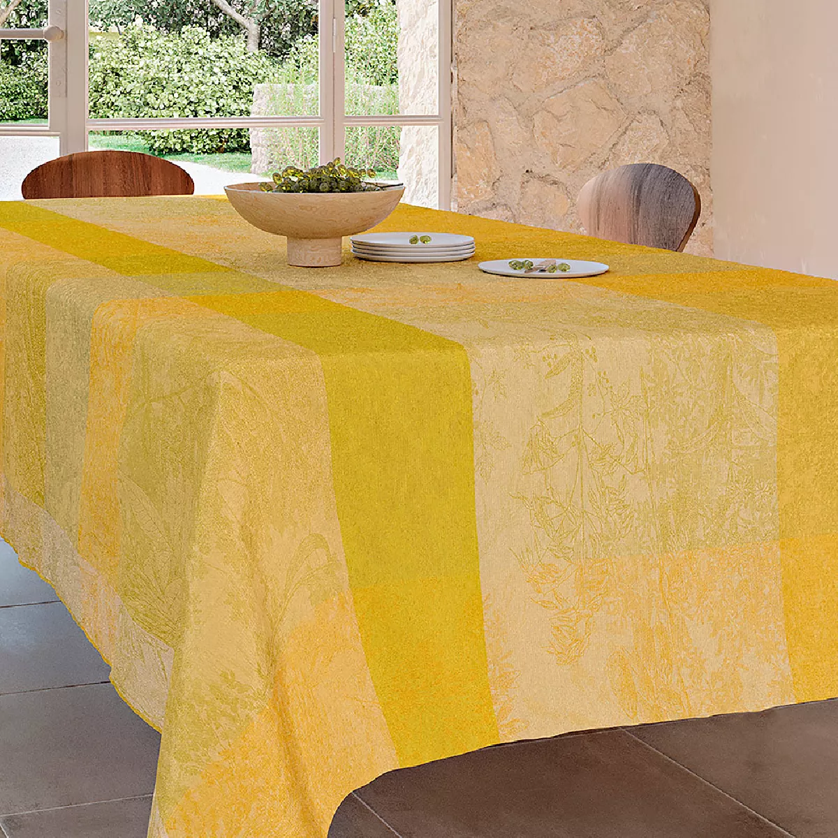 Garnier Thiebaut Nappe Jacquard Pur Coton Jaune Solaire Mille Esprit Jardin Solaire
