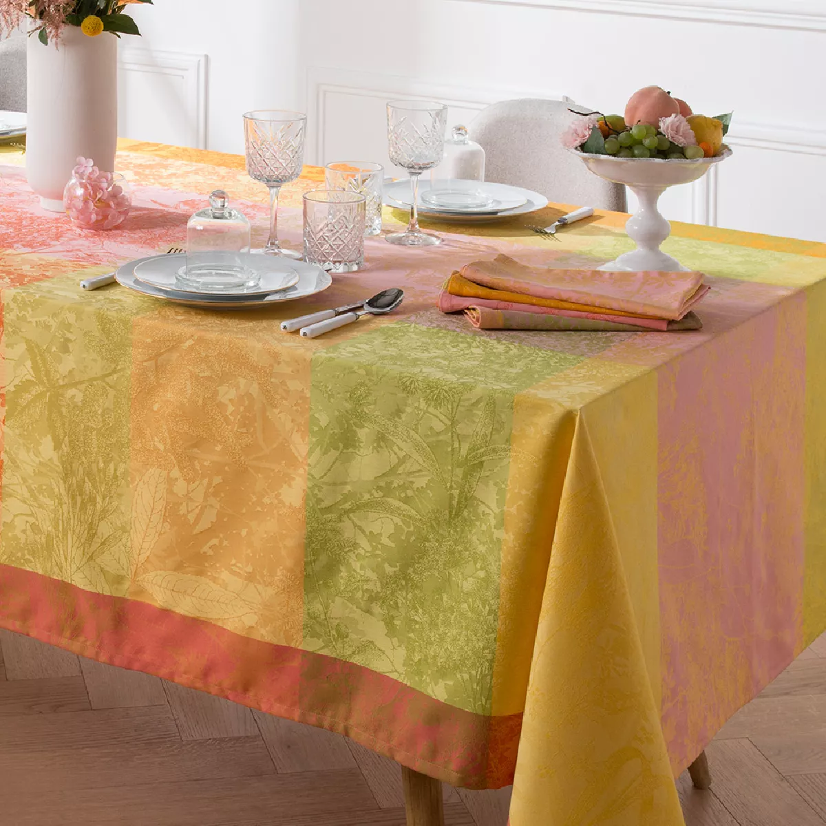 Garnier Thiebaut Nappe Jacquard Pur Coton Multicolore Chatoyant Mille Esprit Jardin Chatoyant