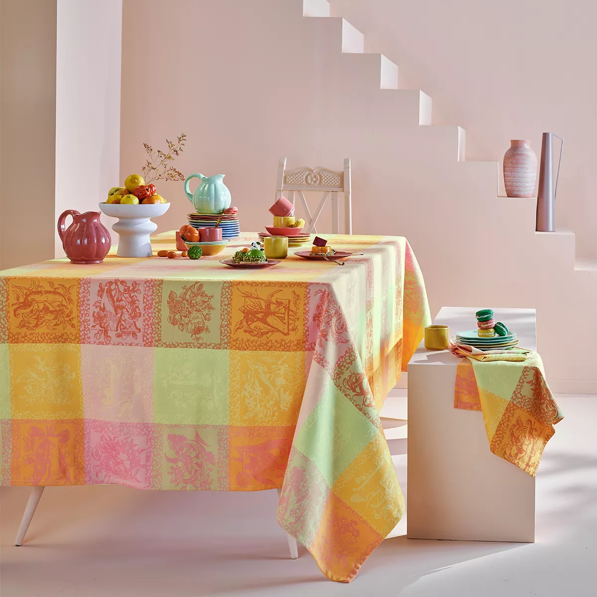 Garnier Thiebaut Nappe Jacquard Pur Coton Multicolore Chatoyant Mille Abecedaire Chatoyant