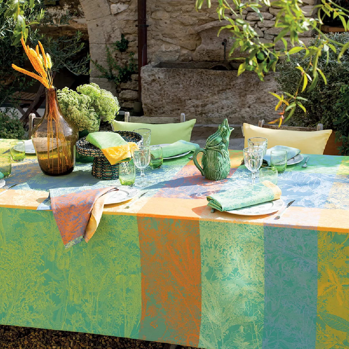 Garnier Thiebaut Nappe Jacquard Pur Coton Multicolore Ete Mille Esprit Jardin Ete
