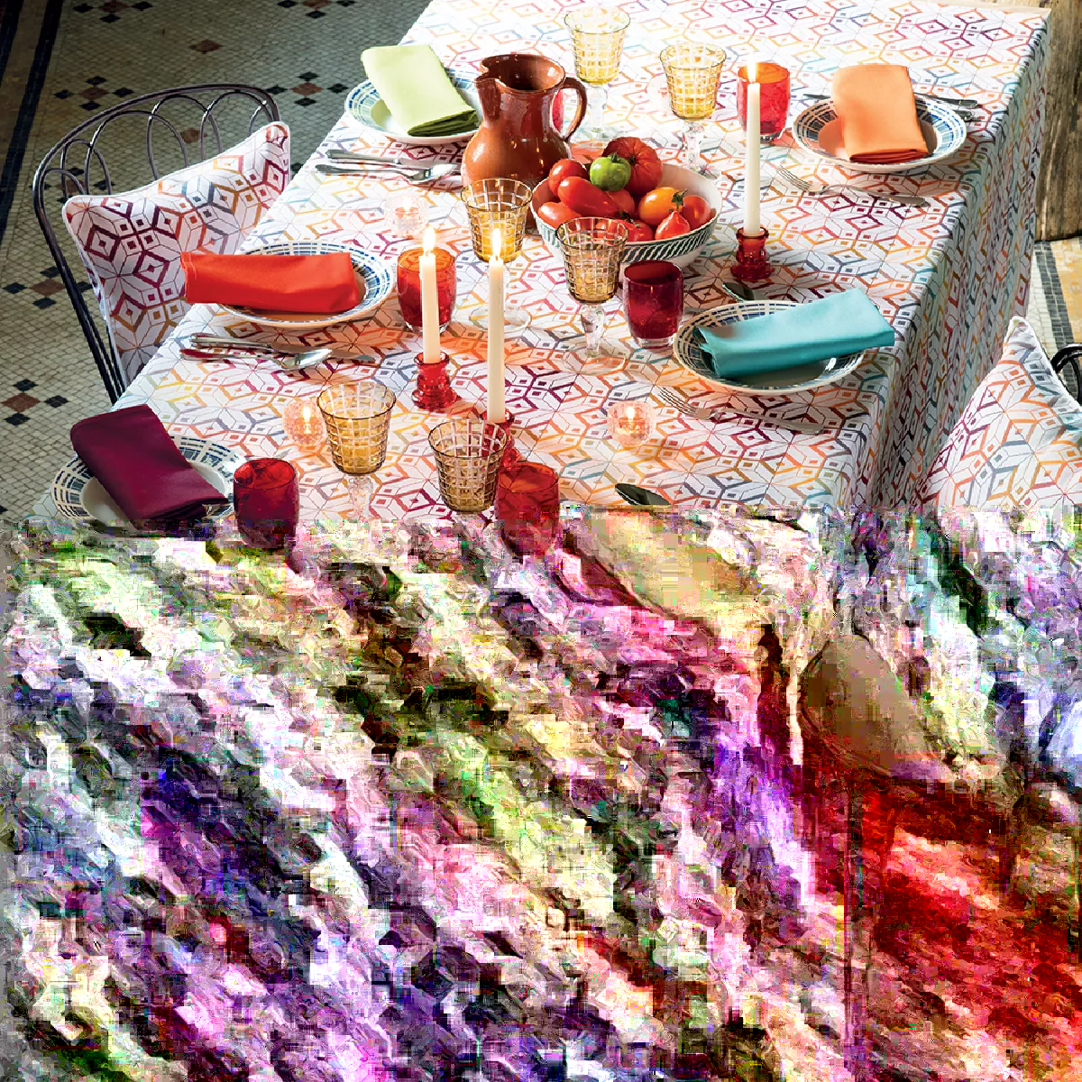 garnier thiebaut Nappe jacquard pur coton multicolore flamboyant Mille paves flamboyant