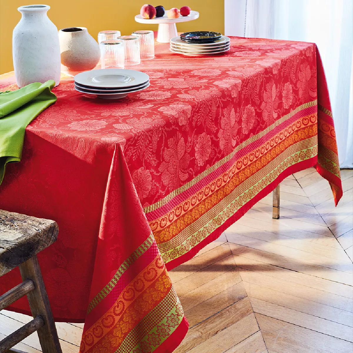 garnier thiebaut Nappe jacquard pur coton orange sangria Mille roses festives sangria
