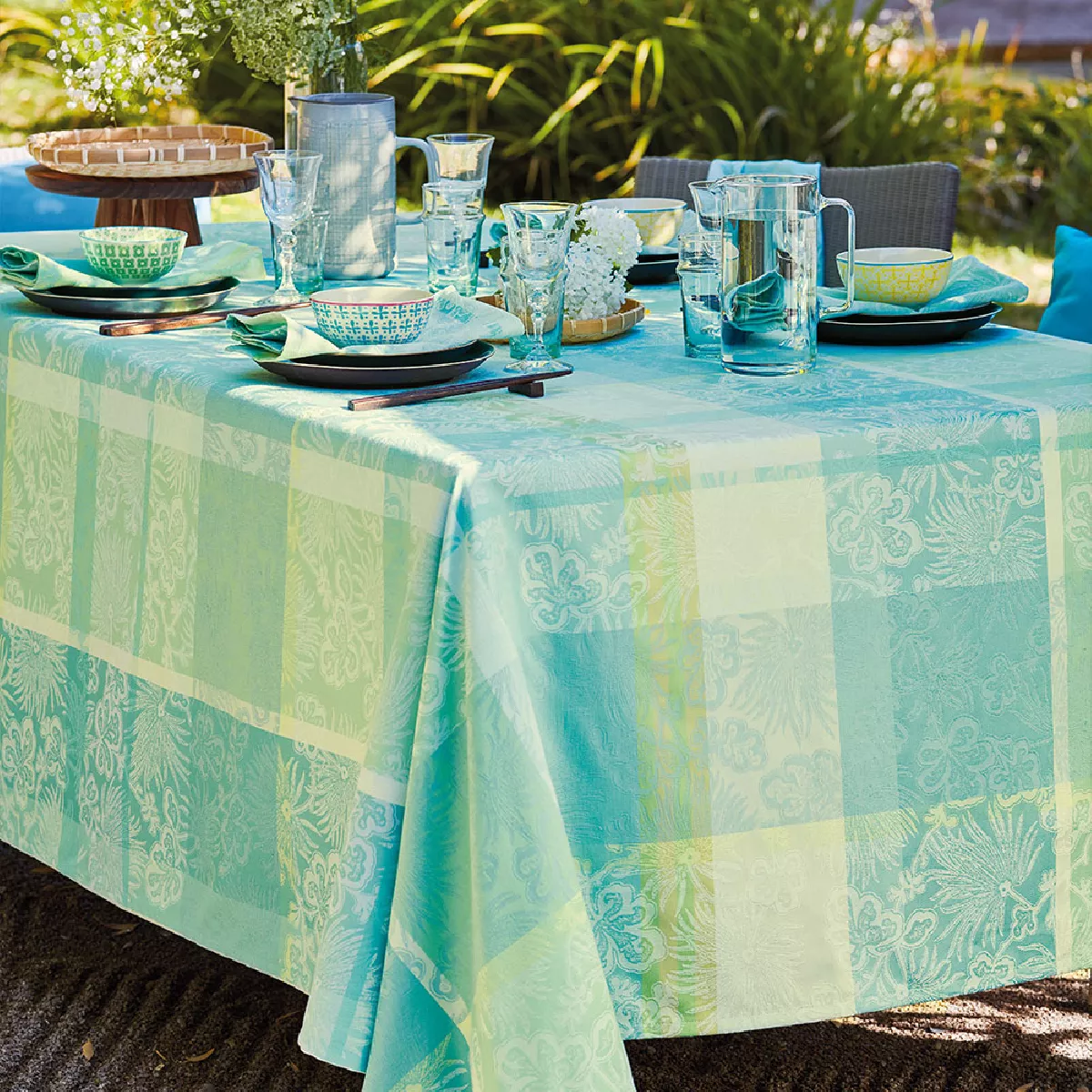 Garnier Thiebaut Nappe Jacquard Pur Coton Vert Aqua Mille Venusta Aqua