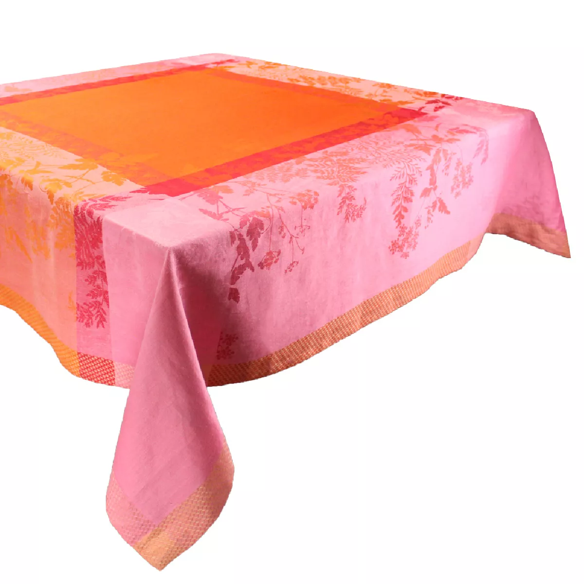 Garnier Thiebaut Nappe Jacquard Pur Lin Rose Rose Ombelles Rose