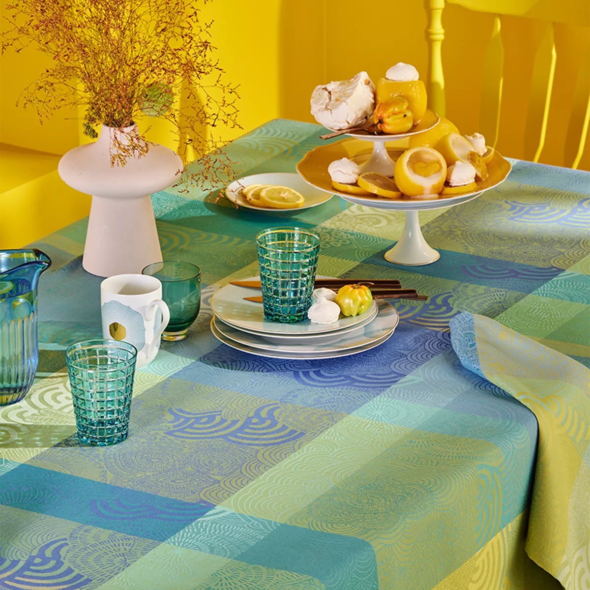 Garnier Thiebaut Nappe Sur Mesure Pur Coton Coloris Bleu Atoll Mille Rainures Atoll