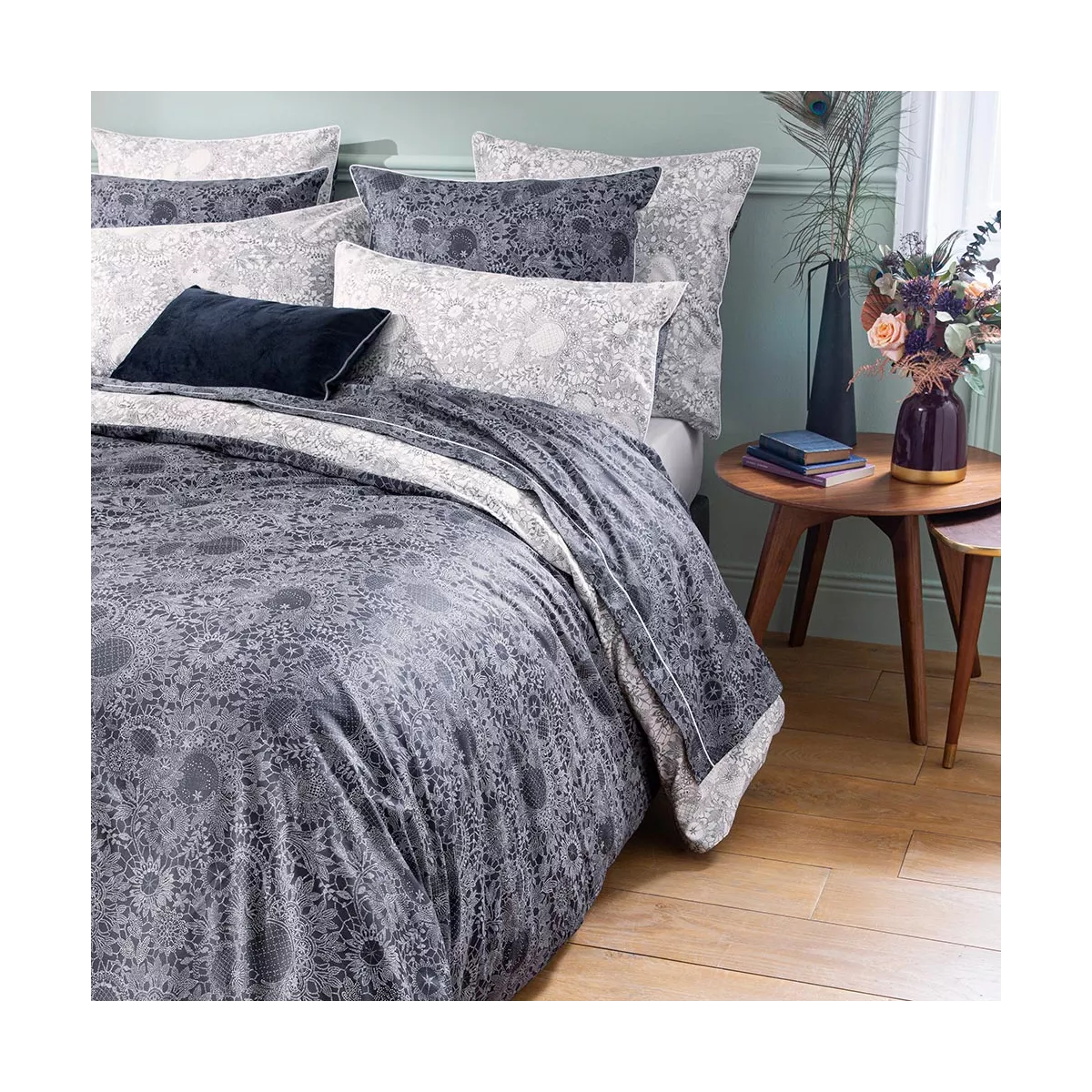 Garnier Thiebaut Parure De Lit Percale De Coton 80 Fils/cm² Bleu Marine Modèle Guipures Marine