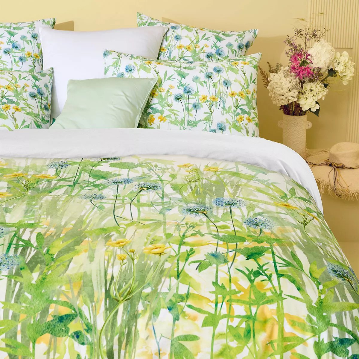 Garnier Thiebaut Parure De Lit Percale De Coton 80 Fils/cm² Jaune Prairie Modèle Aube Florale Prairie
