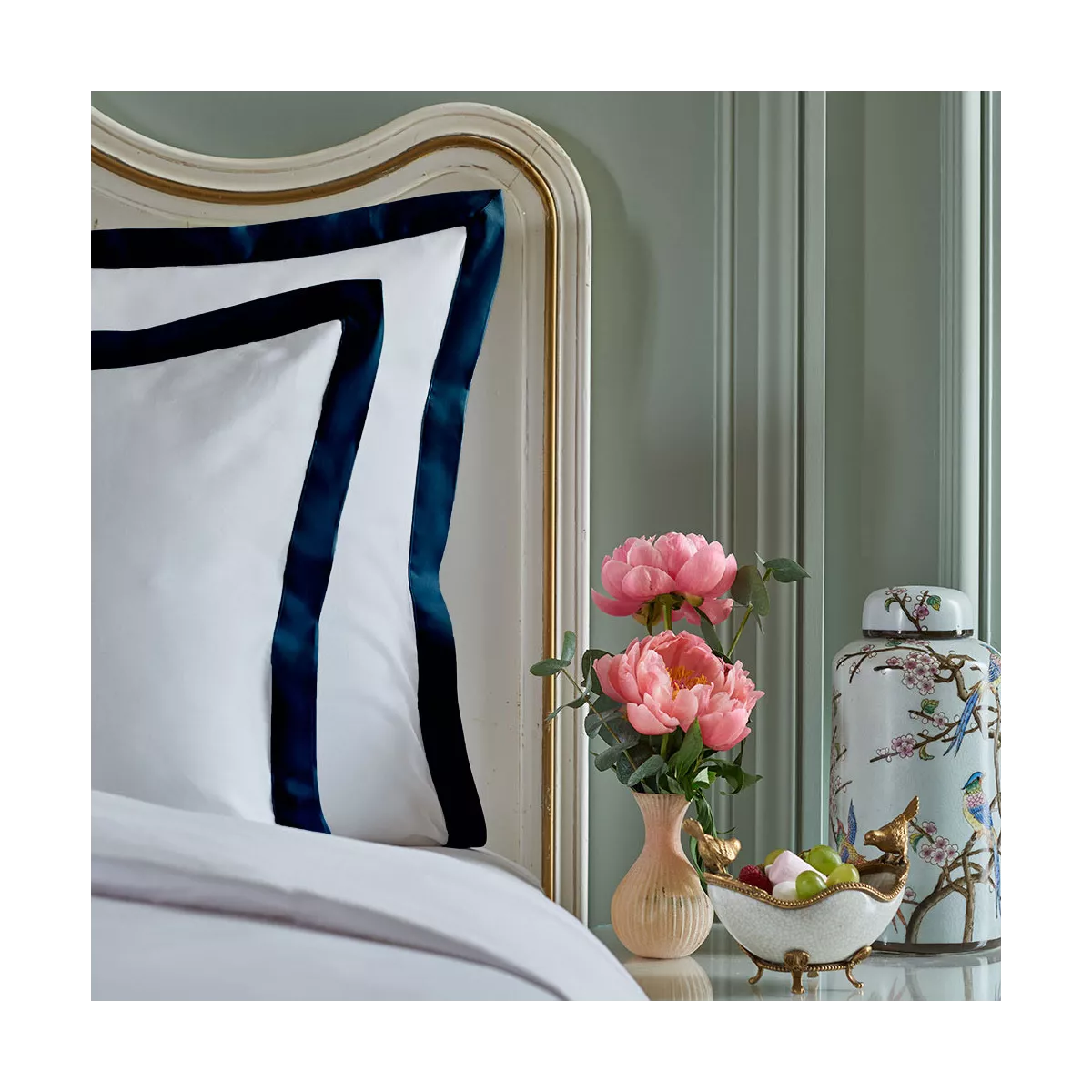 Garnier Thiebaut Parure De Lit Satin De Coton 120 Fils/cm² Blanc Bleu Modèle Suite Heritage Bleu