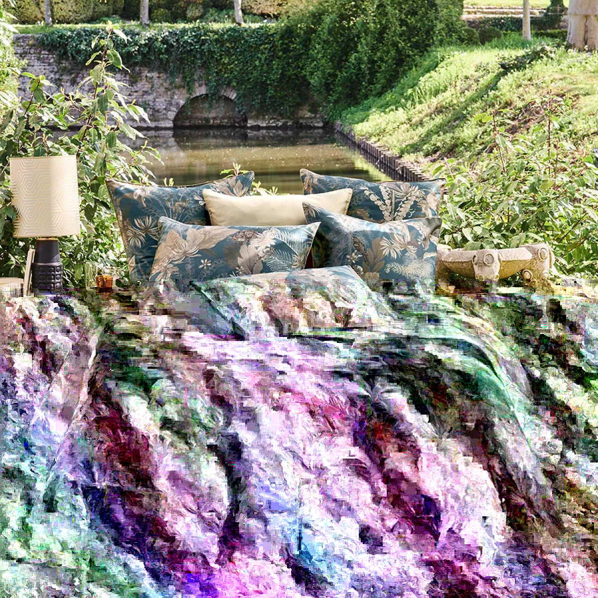 garnier thiebaut Parure de lit satin de coton 120 fils/cm² bleu bleu dore Modèle Rainforest bleu dore