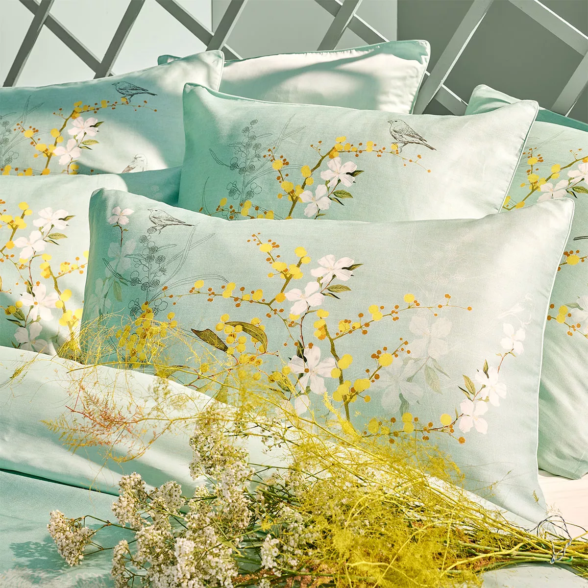 Garnier Thiebaut Parure De Lit Satin De Coton 120 Fils/cm² Bleu Turquoise Modèle Mimosas D'ete Turquoise