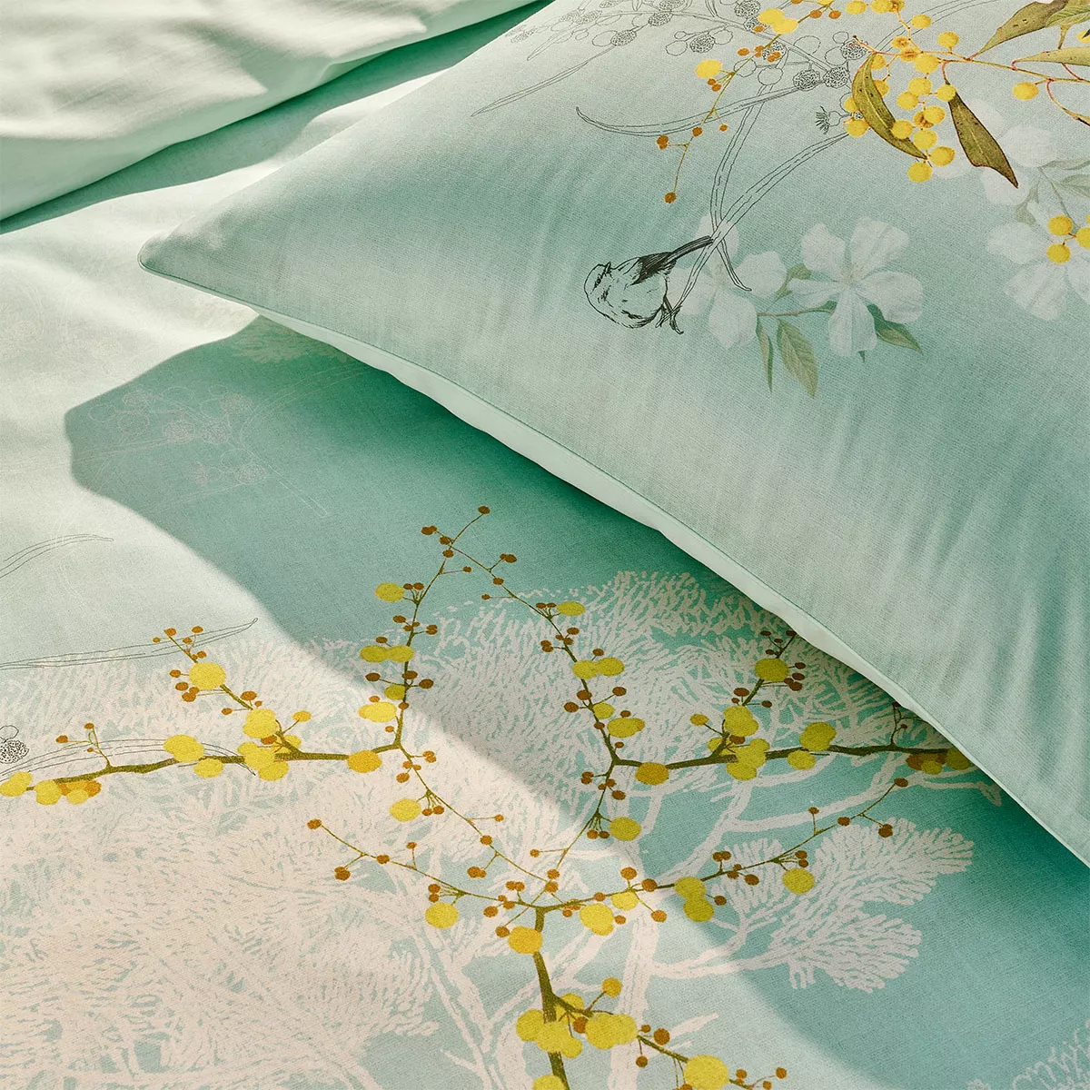 Garnier Thiebaut Parure De Lit Satin De Coton 120 Fils/cm² Bleu Turquoise Modèle Mimosas D'ete Turquoise