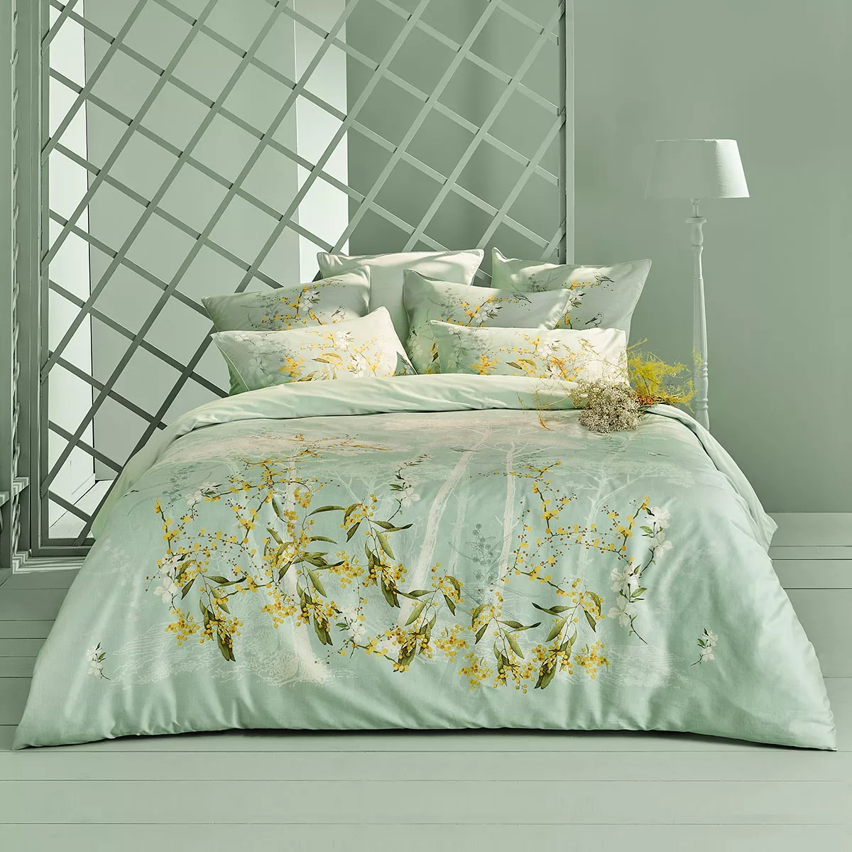 garnier thiebaut Parure de lit satin de coton 120 fils/cm² bleu turquoise Modèle Mimosas d'ete turquoise