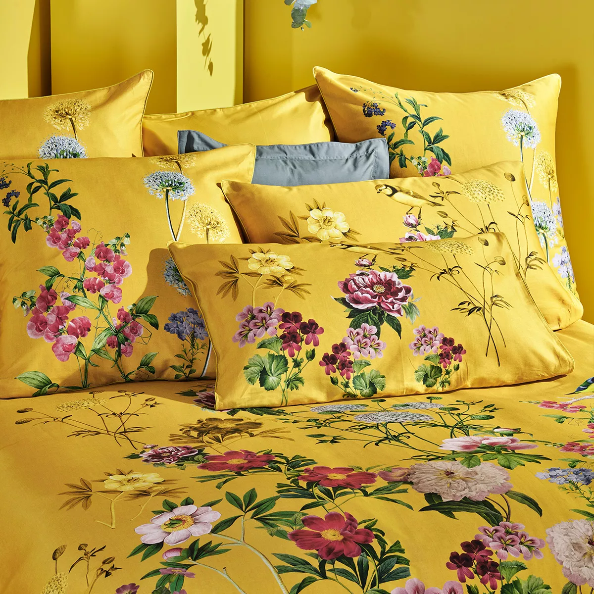 Garnier Thiebaut Parure De Lit Satin De Coton 120 Fils/cm² Jaune Curry Modèle Mesanges Curry