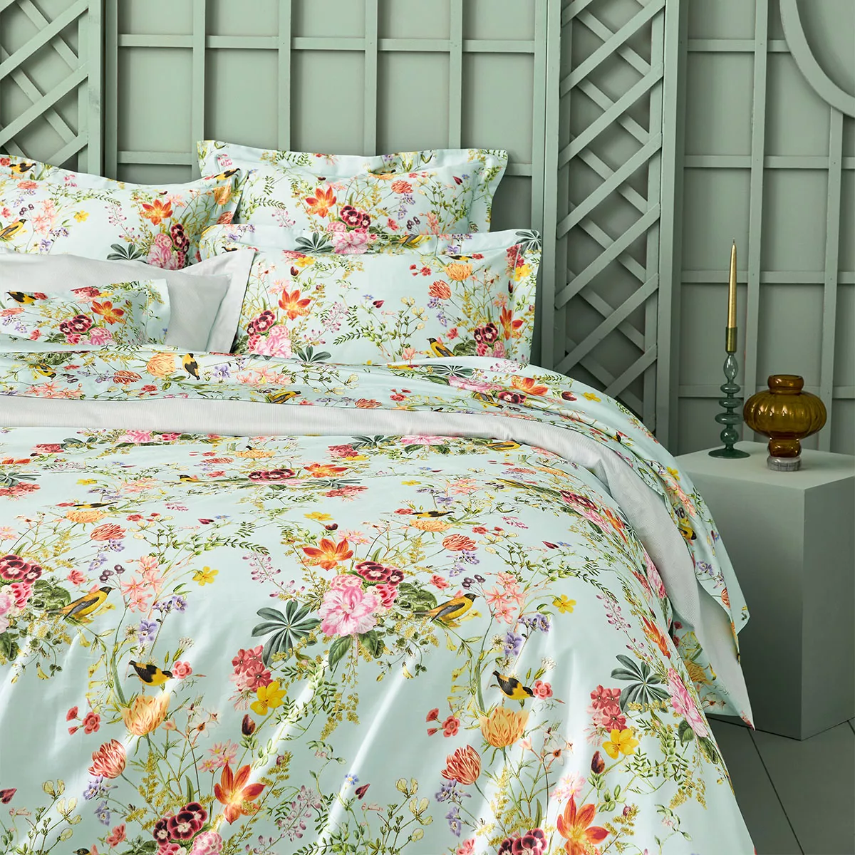 Garnier Thiebaut Parure De Lit Satin De Coton 120 Fils/cm² Multicolore Vert D'eau Modèle Primavera Vert D'eau
