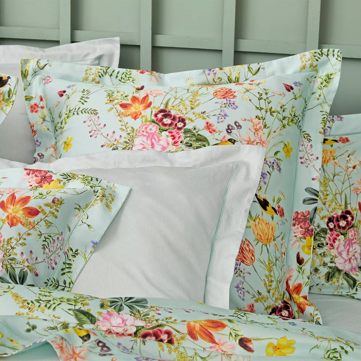 Garnier Thiebaut Parure De Lit Satin De Coton 120 Fils/cm² Multicolore Vert D'eau Modèle Primavera Vert D'eau