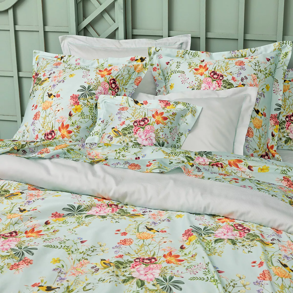 Garnier Thiebaut Parure De Lit Satin De Coton 120 Fils/cm² Multicolore Vert D'eau Modèle Primavera Vert D'eau