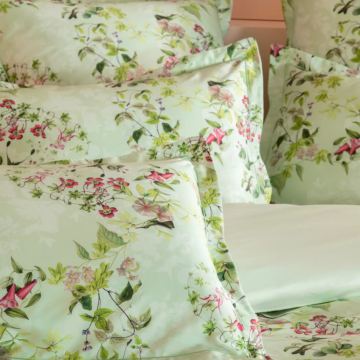 Garnier Thiebaut Parure De Lit Satin De Coton 120 Fils/cm² Multicolore Vert D'eau Modèle Foliage Vert D'eau