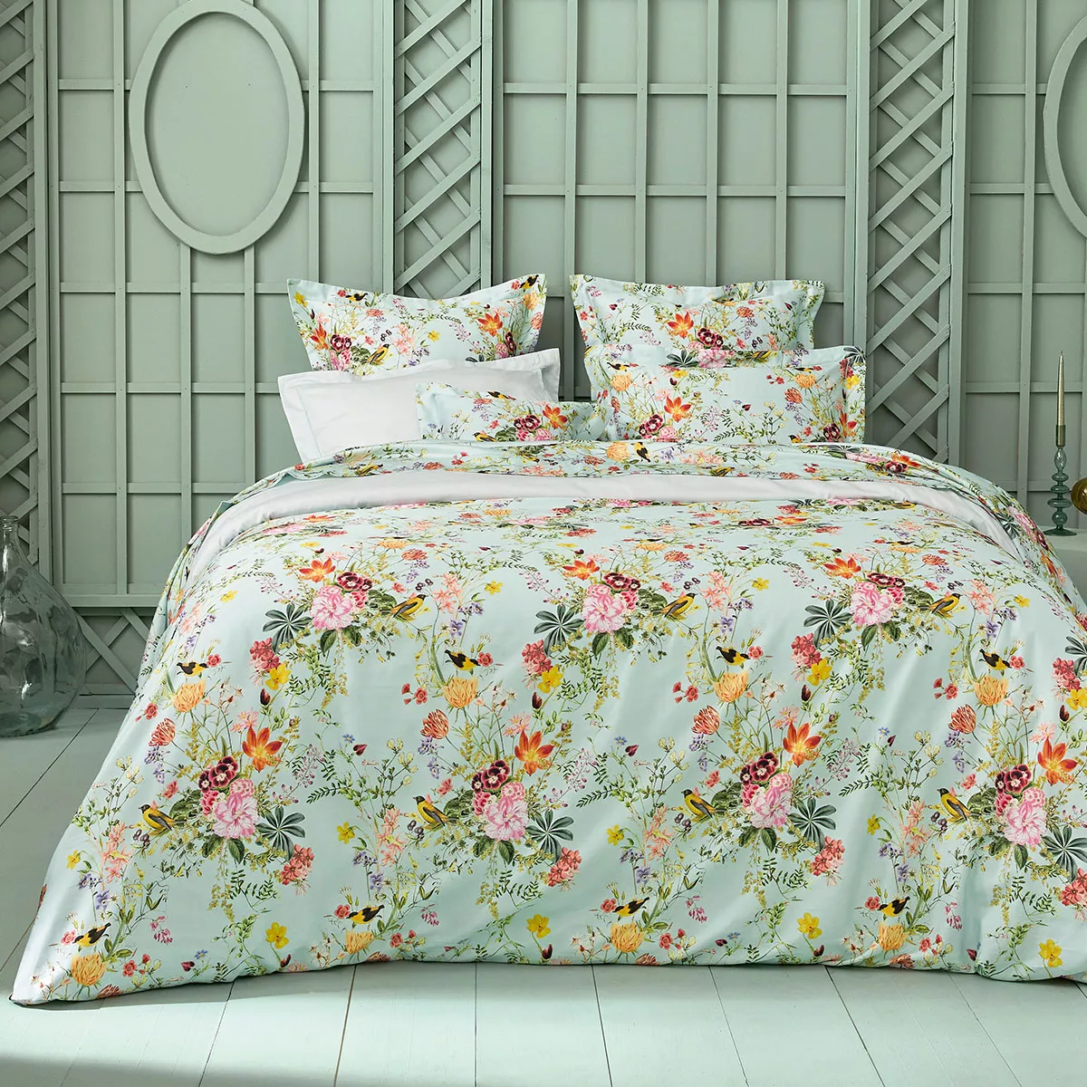 garnier thiebaut Parure de lit satin de coton 120 fils/cm² multicolore vert d'eau Modèle Primavera vert d'eau