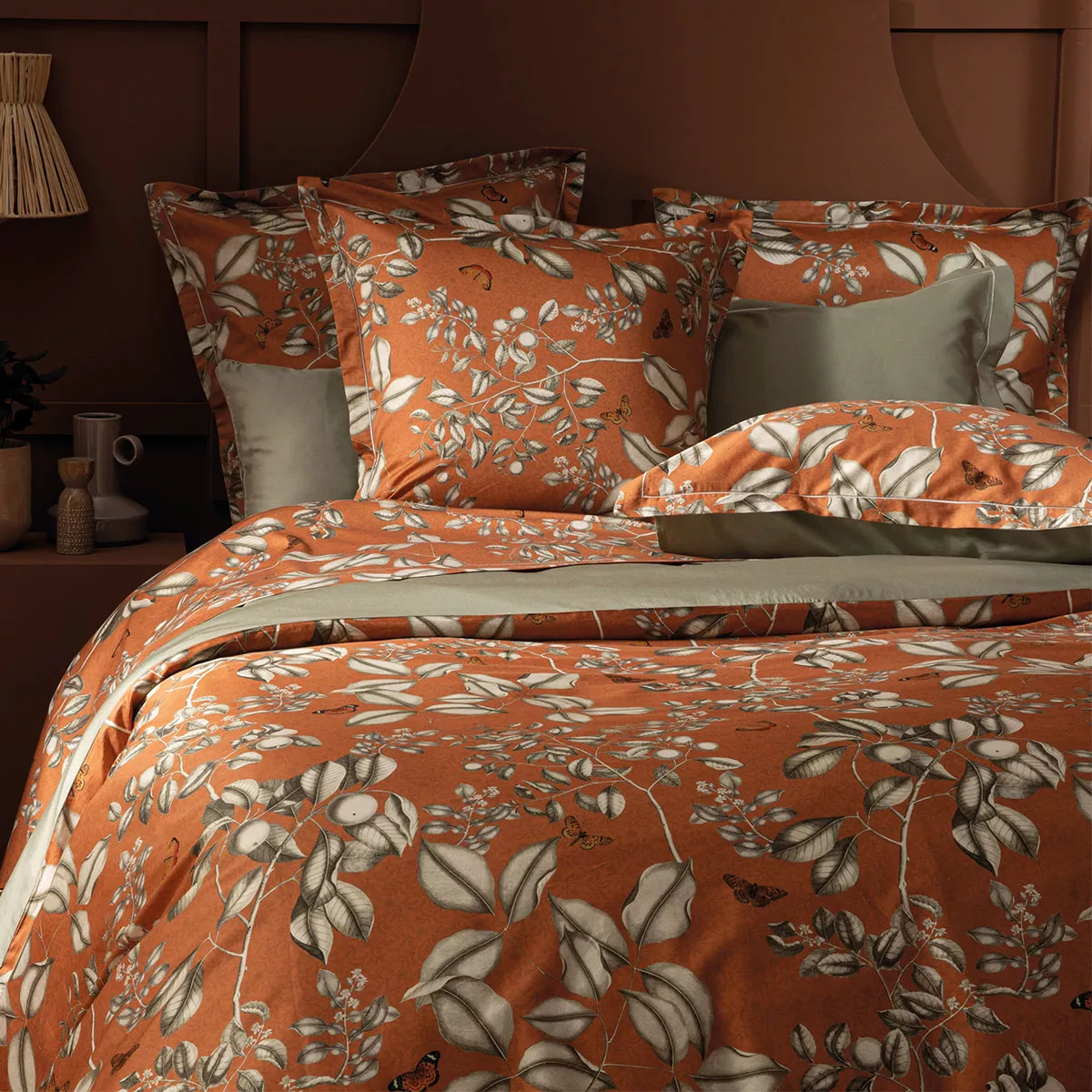 Garnier Thiebaut Parure De Lit Satin De Coton 120 Fils/cm² Orange Rouille Modèle Fleurs D'oranger Rouille
