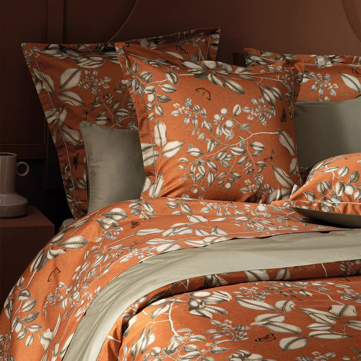Garnier Thiebaut Parure De Lit Satin De Coton 120 Fils/cm² Orange Rouille Modèle Fleurs D'oranger Rouille
