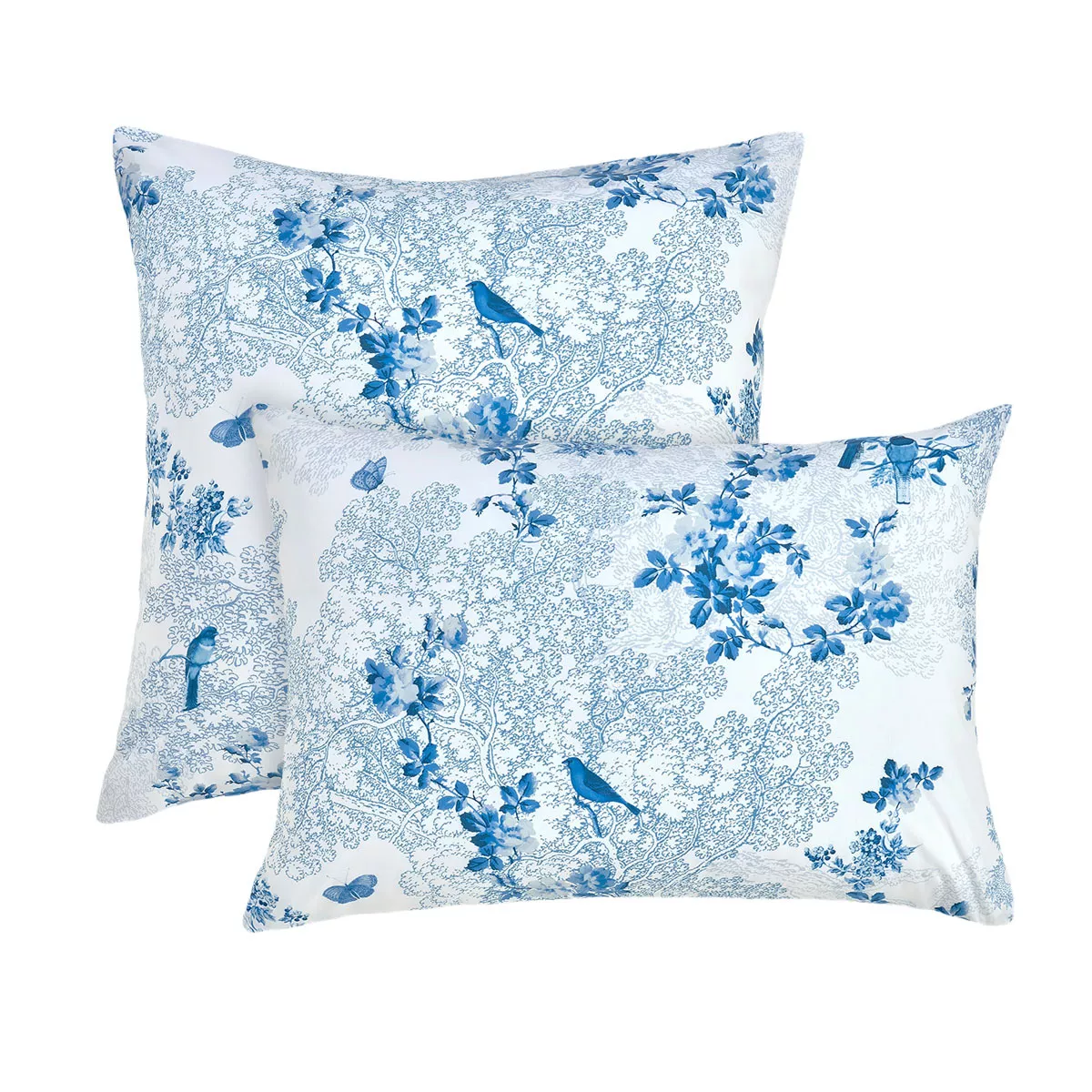 garnier thiebaut Taie d'oreiller percale de coton 80 fils/cm² coloris blanc bleu Voliere bleu