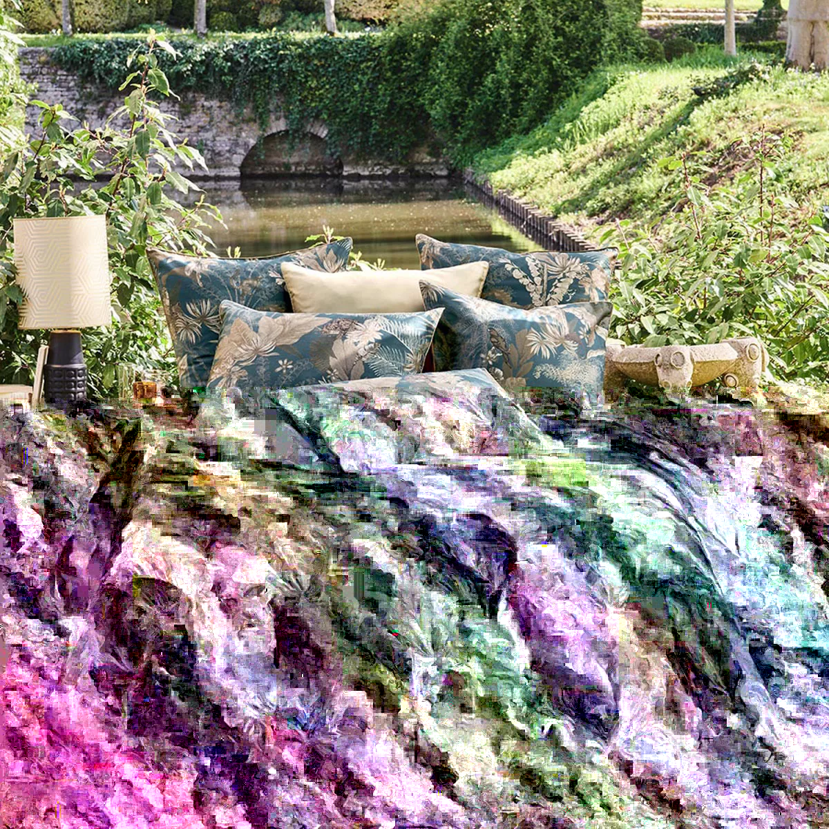 Garnier Thiebaut Taie D'oreiller Satin De Coton 120 Fils/cm² Coloris Bleu Bleu Dore Rainforest Bleu Dore