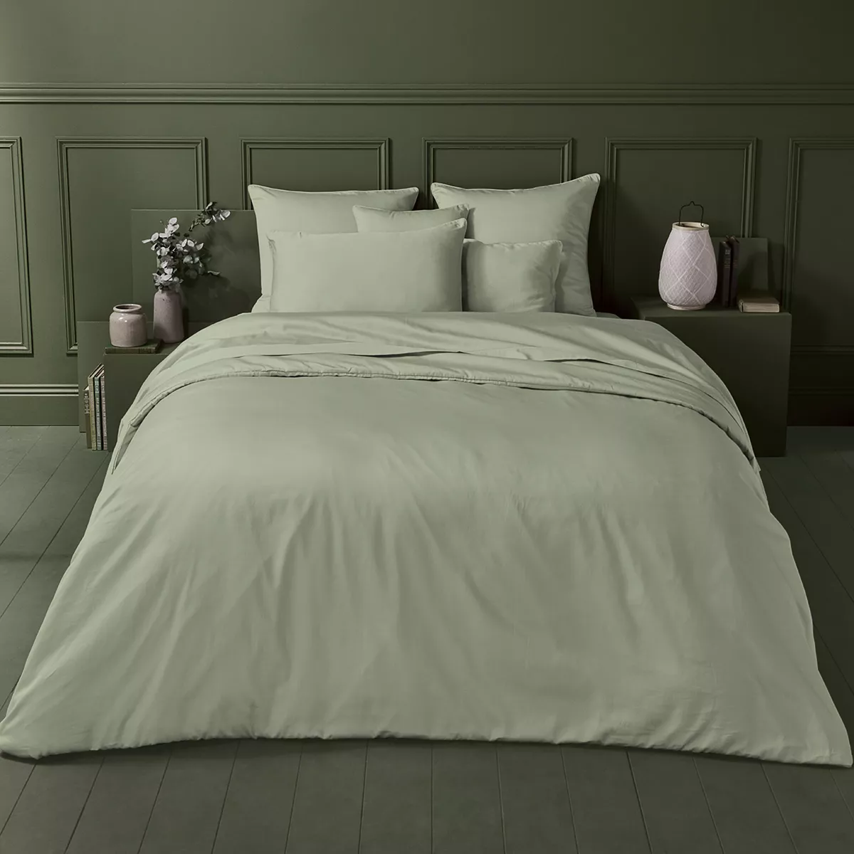 Garnier Thiebaut Taie De Traversin Satin De Coton 120 Fils/cm² Coloris Vert Lichen Ava Uni Lichen
