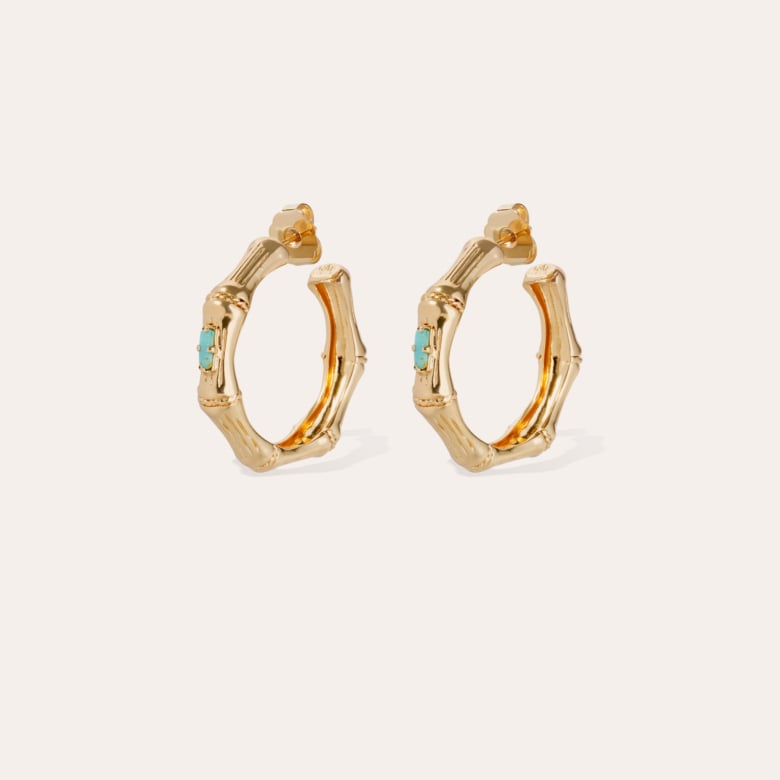 gas bijoux Boucles d'oreilles Bambou strass petit modèle dorées - Turquoise