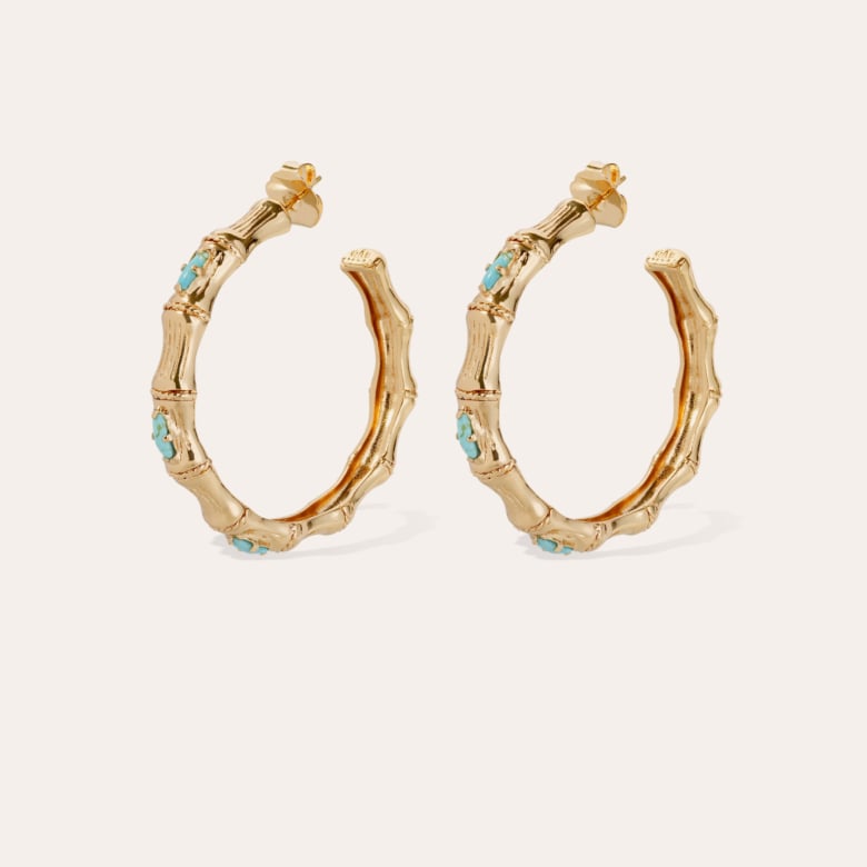 gas bijoux Boucles d'oreilles créoles Bambou strass dorée - Turquoise