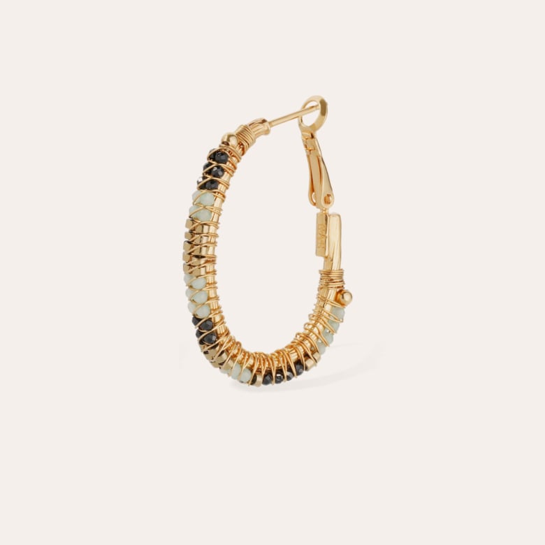 Gas Bijoux Boucles D'oreilles Lyre Créole Grand Modèle Dorées - Onyx Noir & Calcite Bleue