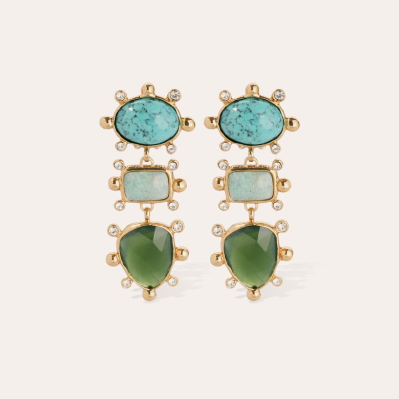 gas bijoux Boucles d'oreilles Tiki 3 dorées - Turquoise Matrix Amazonite & Serpentine