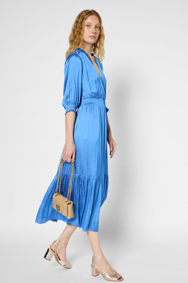 Gerard Darel Robe Longue Satinée à Smocks Et Volants - POPIE