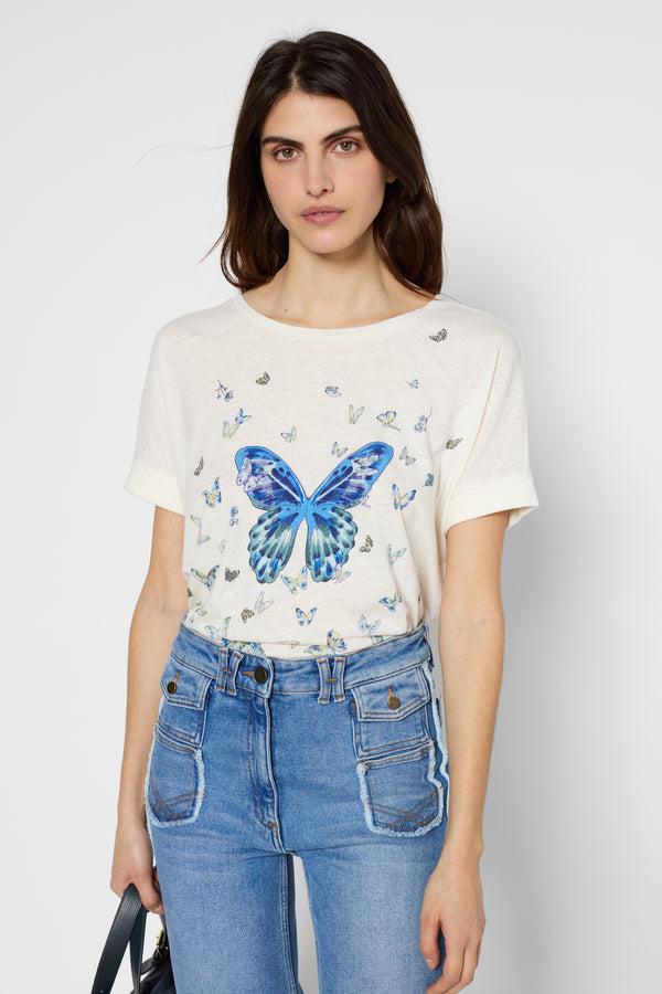 gerard darel T-shirt papillons en lin et coton - GEORGETTE