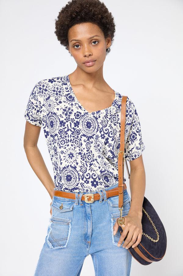 gerard darel T-shirt V imprimé en coton et lin - GRACIELLA