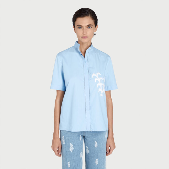 Giambattista Valli Blouse Bleue Brodée V En Popeline