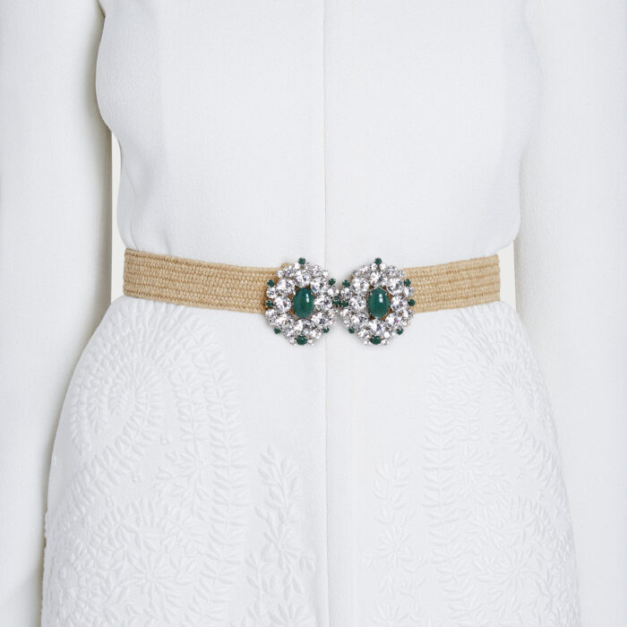 Giambattista Valli Ceinture En Rotin Avec Cristaux Et Pierres Vert Jade