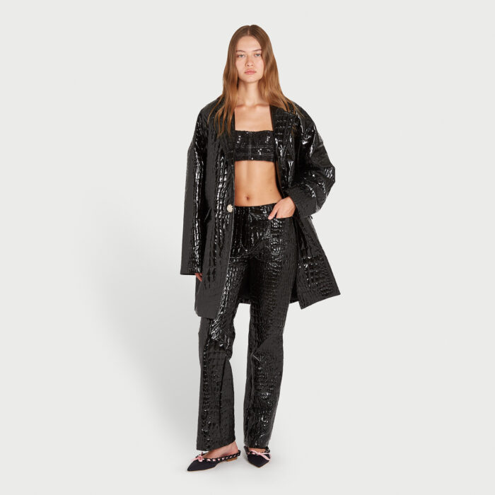 Giambattista Valli Manteau Noir Effet Croco Embossé