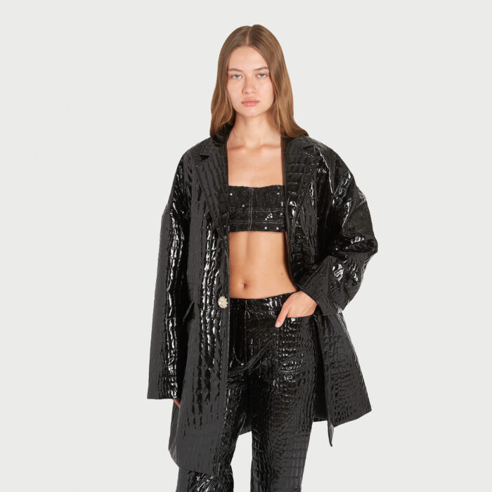 Giambattista Valli Manteau Noir Effet Croco Embossé