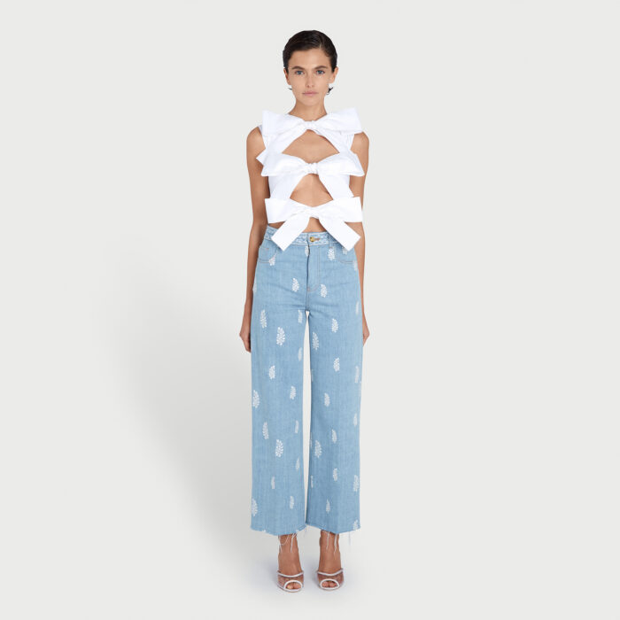 Giambattista Valli Pantalon Denim Bleu Brodé Mint Flower
