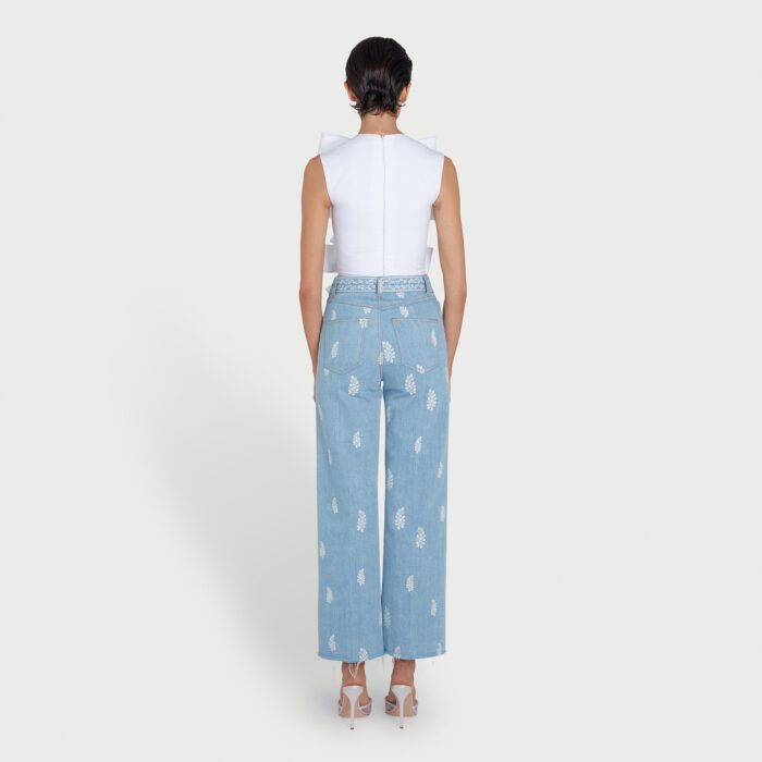 Giambattista Valli Pantalon Denim Bleu Brodé Mint Flower