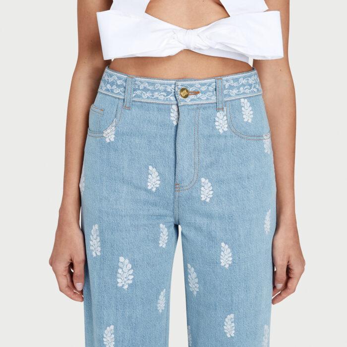 Giambattista Valli Pantalon Denim Bleu Brodé Mint Flower