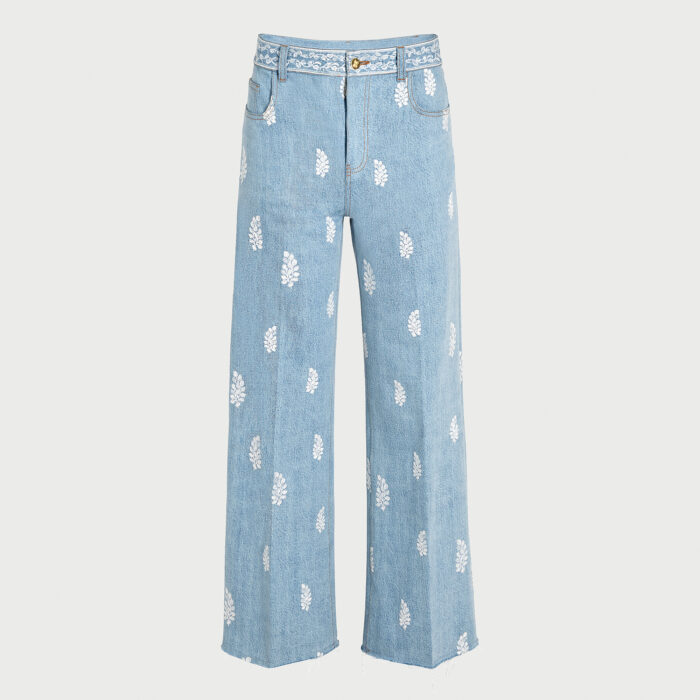 giambattista valli Pantalon denim bleu brodé Mint Flower