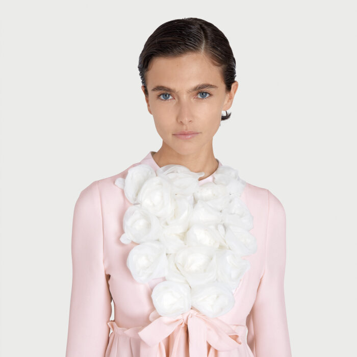 Giambattista Valli Robe Courte Rose Quartz Avec Roses Ivoire
