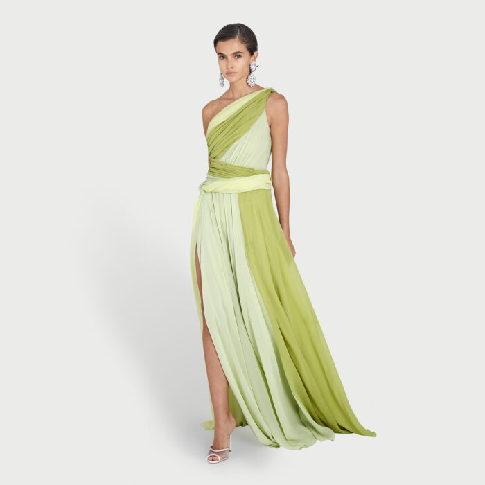 Giambattista Valli Robe Longue Green Obsession Asymétrique Avec Fente
