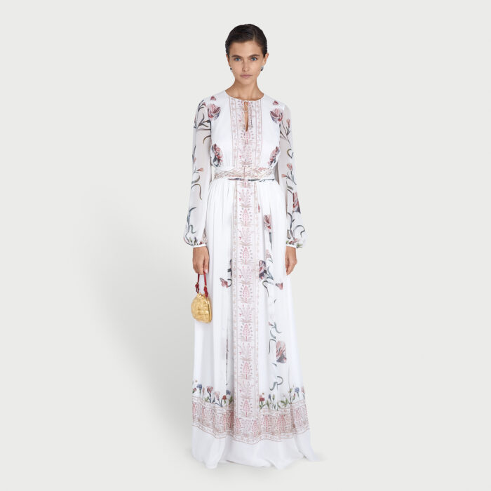 Giambattista Valli Robe Longue Ivoire Screen Carnation En Soie