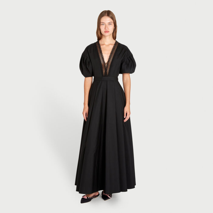 Giambattista Valli Robe Longuette Noire Avec Manches Ballons En Popeline