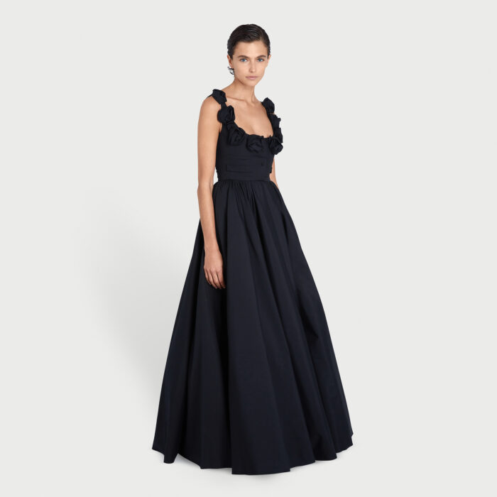 Giambattista Valli Robe Maxi Noire En Popeline Avec Roses