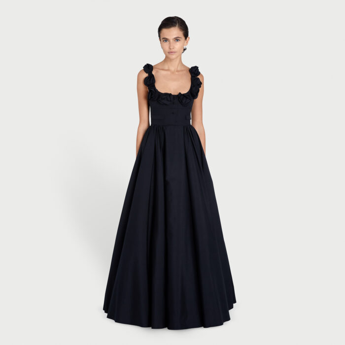 Giambattista Valli Robe Maxi Noire En Popeline Avec Roses